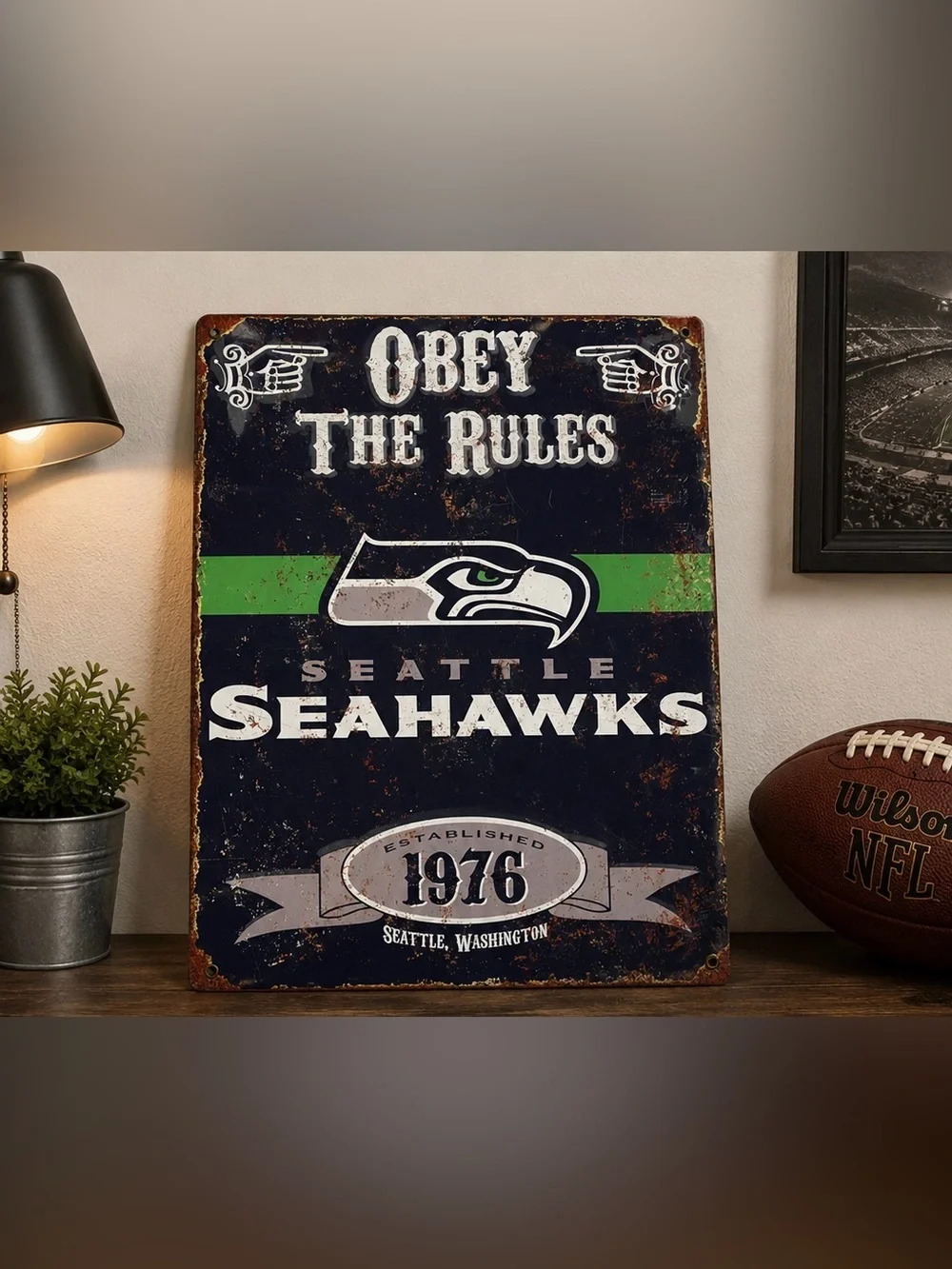 Seattle Seahawks Metal Sign Obey The Rules Vintage Wall Decor NFL Fan Cave
